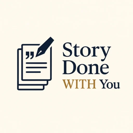 StoryDWY logo - a stack of papers with stylized writing on them with a modern pen over them.